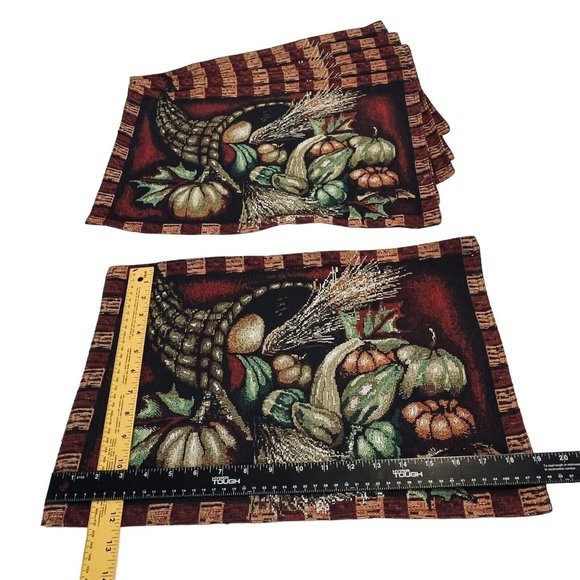 Arlee Home Fashions Set 6 Fall Harvest Burgundy Tapestry Placemats Cornucopia - Picture 4 of 6